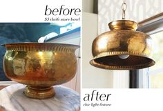 before and after photos of a gold bowl chandelier