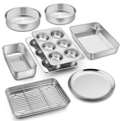 an assortment of metal pans and trays