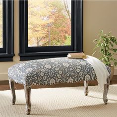 a bench sitting in front of a window next to a potted plant on top of a rug