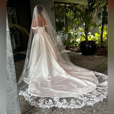 the back of a bride's wedding dress is shown in front of a palm tree