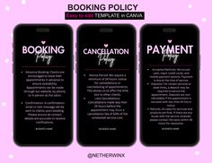 three black iphones with the words booking policy and an image of a pink background