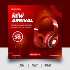 a red and white flyer with headphones on it for the new arrival to shop