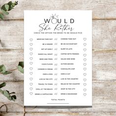 a printable wedding game with the words, would she rather be married? on it