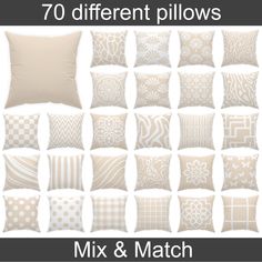 various pillows with different patterns on them and the words mix & match in white letters