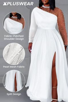 Xpluswear Design Plus Size Wedding White Round Neck Long Sleeve Split Pearls Maxi Dresses [Pre-Order] Gala Dresses Classy, Party Dress Classy Elegant, Plus Size Gala Dress, White Party Outfits, Black Long Dresses, Classy White Dress, All White Party Outfits, Long Lace Dress, White Party Outfit