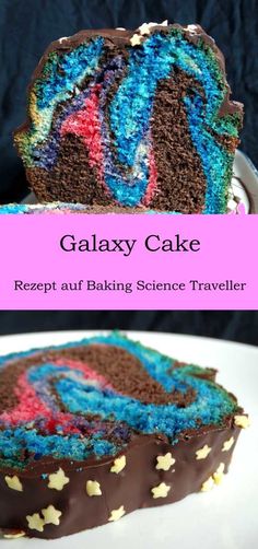 a close up of a slice of cake on a plate with the words galaxy cake