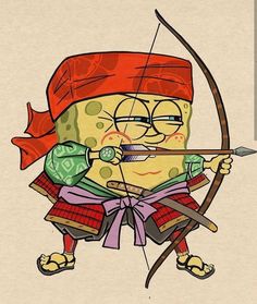 a cartoon character holding a bow and arrow in one hand while wearing a red hat