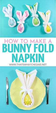 how to make a bunny fold napkin on a yellow plate with silverware and forks