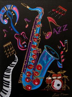 a painting of a saxophone and musical instruments