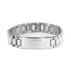 a stainless steel bracelet with an inscription on the front and back of it that reads, i