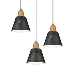 three black and white pendant lights hanging from a ceiling fixture with wood accents on the sides