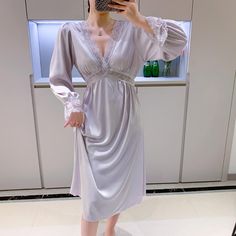 Shipping: Worldwide Express Shipping AvailableDelivery time: 7-15Days Fast ShippingReturns: Fast refund, 100% Money Back Guarantee.Brand Name: QIANTANGMaterial: PolyesterOrigin: Mainland ChinaSexually Suggestive: NoDresses Length: Mid-CalfObscene Picture: NoItem Type: NightgownsSeason: summerCollar: V-NeckMaterial Composition: SatinPattern Type: PatchworkGender: WOMENSleeve Length(cm): FullModel Number: Y22021801-OLXKaThickness: NormalDecoration: LaceSeason: Spring,Summer,AutumnOccasion: Home Wear ,Sleepwear,NightgownFeature: Sexy,Casual,Soft,IntimateWash Method: Wash By Hand Elegant V-neck Dress For Pajama Party, V-neck Nightgown With Lace Trim For Sleepover, Long Sleeve Nightgown With Lace Trim For Sleepover, V-neck Nightgown With Lace Trim, Long Sleeve Lace Trim Sleepwear For Sleepovers, V-neck Lace Trim Sleepwear For Wedding Night, Long Sleeve Lace Trim Sleepwear For Bedtime, Spring V-neck Sleepwear For Wedding Night, Spring V-neck Night Robe