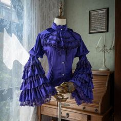 Genuine purple queen victorian blouse Victorian Rococo Long Sleeve Dress For Costume Party, Rococo Victorian Dress With Long Sleeves For Costume Party, Victorian Rococo Dress For Costume Party, Purple Ruffled Collar Blouse With Ruffles, Purple Tops With Ruffles And Ruffled Collar, Rococo Style Victorian Dress With Ruffles For Costume, Rococo Victorian Dress With Ruffles For Costume, Victorian Long Sleeve Dress For Party, Gothic Formal Tops With Ruffles