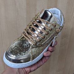 Shiny Glitter Women Gold Lace Up Sneakers With Side Zipper Trendy Gold Sneakers For Party, Trendy Gold Party Sneakers, Gold Casual Sneakers For Party, Casual Gold Sneakers For Party, Trendy Gold Glitter Sneakers, Casual Gold Glitter Sneakers, Gold Round Toe Sneakers For Party, Gold Glitter Lace-up Sneakers, Silver Wedges