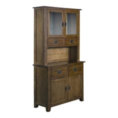 a wooden hutch with glass doors and drawers