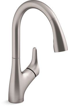 a stainless steel faucet with the handle extended to it's side spout