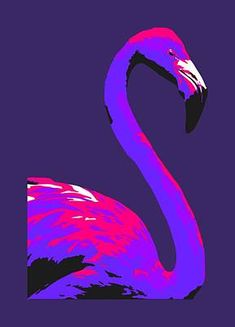 a pink flamingo standing in the middle of a dark blue background with its head turned to the side