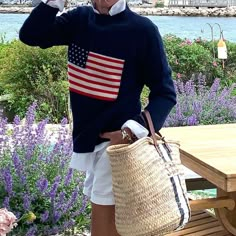 Flag Sweater Outfit, Preppy Chic Outfits, Flag Sweater, American Flag Sweater, Varsity Sweater, Pink Pineapple, Preppy Chic, American Flag Print