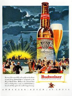 an advertisement for budweiser beer with people on the beach and city in background