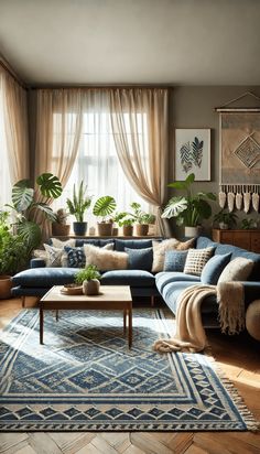 a living room filled with lots of furniture and plants on the windows sills