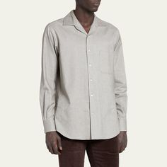 Loro Piana Andre style woven sport shirt. Spread collar; French-placket button front. Long sleeves with round barrel cuffs. Chest patch pocket. Yoked back shoulders; side pleats. Cotton. Made in Italy. Cotton Clouds, Back Shoulder, Sport Shirt, Loro Piana, Bergdorf Goodman, Sports Shirts, Patch Pocket, Button Downs, Barrel