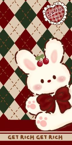 a white teddy bear with a red bow on it's head sitting in front of a checkered background