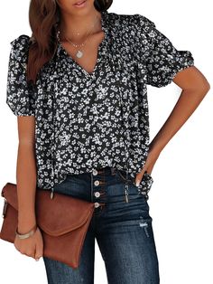 PRICES MAY VARY. Aoudery Women's Tops and Blouses is made with lightweight and soft material that makes you feeling well for the soft skin. Features: Elegant Boho Shirt for Women, Sexy Casual V Neck Blouse, Relaxed Fit, Blouses for women fashion 2024, Womens Tops and Blouses, Short Sleeves with Elastic Cuffs, Cute Tops for Women Trendy, Floral Flowy Print, Back Smocked, Business dressy work tops for women. Women tops summer casual blouses, soft,lightweight and breathable fabric,comfortable to we Amazon Tops For Women, Work Tops For Women, Cute Tops For Women, Casual Blouses, Chiffon Blouses, Bohemian Top, Feeling Well, Party School, Boho Shirt