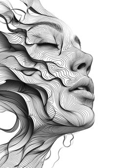 a drawing of a woman's face with wavy hair and flowing lines on it