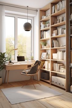 a room with a chair, desk and bookshelf