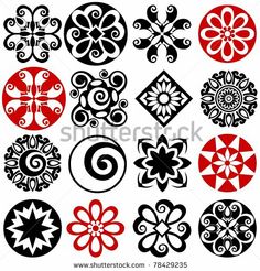 an assortment of circular designs in red, black and white colors on a white background