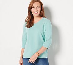 Great basics like this stretch V-neck top are the building blocks of a stylish wardrobe--you can never have too many! Shorter 3/4-length sleeves make the design both contemporary and seasonless. From Denim & Co.(R) Fashions.  Perfect Jersey(R) is Denim & Co.'s most popular fabric. Made from a cotton-spandex blend, Perfect Jersey is an easy-care, easy-wear knit that is extremely versatile. It has a very soft hand and offers a level of stretch and recovery above and beyond that of 100% cot Stretch Tops With 3/4 Sleeve For Everyday, Everyday Relaxed Fit Top With 3/4 Sleeves, Everyday Cotton Tops With 3/4 Sleeve, Relaxed Fit Half Sleeve Top For Layering, Spring 3/4 Sleeve Tops For Casual Gatherings, 3/4 Sleeve Tops For Spring Casual Gatherings, 3/4 Sleeve Tops For Casual Spring Gatherings, Spring Tops For Casual Gatherings With 3/4 Sleeves, Casual 3/4 Sleeve Tops For Everyday