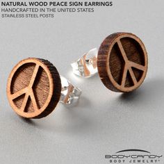 Product Details Hypoallergenic jewelry for sensitive skin.Natural Maple Wood Peace Sign Symbol Stud Earrings What could be more classic or more timely than the peace sign on these earrings for pierced lobes? They are made with natural maple wood for a natural and elegant appearance. They are made with silver plated straight posts with friction backs for a secure fit. They feature the retro 60s peace sign with a charming hippie vibe. Feel the vibe when you are rocking these peace symbol stud earr Wood Peace Sign, 60s Peace, Peace Sign Symbol, Retro 60s, Hippie Vibes, Hypoallergenic Jewelry, The Vibe, The Peace, Maple Wood