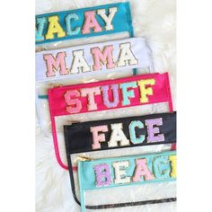 three purses with the words tacay mama, stuff stuff face beach on them