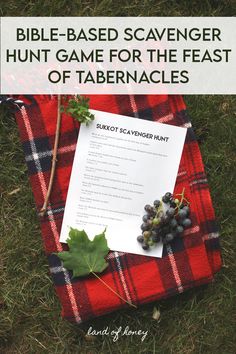 a red and black plaid blanket with grapes on it next to a paper that says bible - based scavenger hunt game for the feast of tabernacles