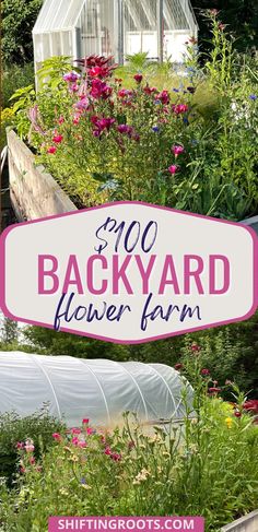 a sign that says $ 100 backyard flower farm in front of some flowers and plants