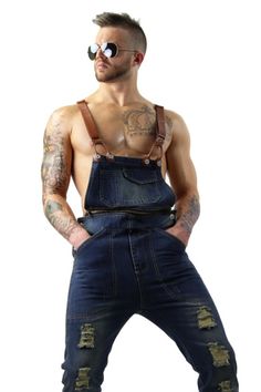 Destroyed Denim Overalls by Waiquiri Men Haute Couture, Short Sleeve Denim Jumpsuit, Men In Overalls, Overalls Fashion, Gay Fashion, Stylish Mens Fashion