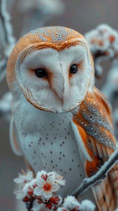 an orange and white owl sitting on top of a tree branch covered in frosted snow