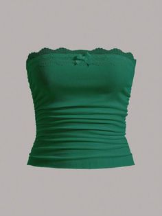 Dark Green Casual Collar Sleeveless Knitted Fabric Plain Embellished Slight Stretch Women Clothing Green Top Aesthetic, Green Tube Top, Dark Green Top, Top Verde, Future Clothes, Tube Tops, Cute Comfy Outfits, Elegant Dresses Long, Green Outfit