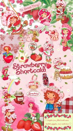 strawberry shortcakes are on the cover of a book with many pictures and words