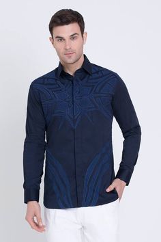 Blue shirt featuring geometric applique work with resham detailing in the front. - Aza Fashions Geometric Applique, Applique Work, Diana Penty, Kareena Kapoor Khan, Luxury Sale, Modern Bride, Blue Shirt, Aza Fashion, Casual Shirts For Men