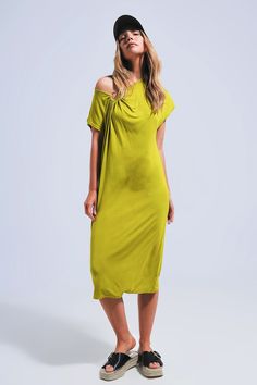 Ring midi dress in lime Szua Store Green Ruched Midi Dress, Flowy Draped Midi Dress For Spring, Draped Viscose Midi Dress For Spring, Green Viscose Knee-length Dress, Spring Green Viscose Midi Dress, Green Asymmetrical Ruched Dress, Green Asymmetrical Midi Dress For Evening, Green Flowy Knee-length Midi Dress, Casual Draped Midi Dress For Spring