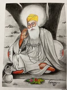 a drawing of an old man sitting on the ground with his hand up in front of him