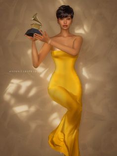 a digital painting of a woman in a yellow dress holding a hat and a shoe