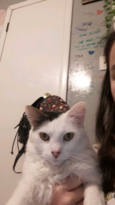 a woman holding a white cat in her arms