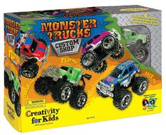 three monster trucks are in a box with the packaging on it's front and side