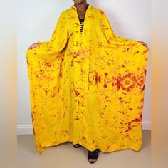 New Without Tags Handmade Yellow And Red Tie Dye Multicolor Cutout Maxi Kaftan Dress Handmade 100% Cotton One Size Fits All Length 57” Yellow Batik Print Dresses, Yellow Flowy Long Maxi Dress, Flowy Yellow Long Maxi Dress, Long Yellow Kimono For Festivals, Yellow Bohemian Dress With Batik Print, Yellow Free Size Maxi Dress, Yellow Flowy Long Dress, Flowy Long Yellow Dresses, Yellow Long Sleeve Kaftan For Festival