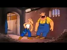 two cartoon characters standing in front of an open door