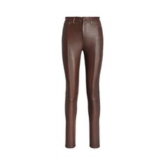 Crafted with supple full-grain lambskin these pants are cut for a super-slim fit with a classic five-pocket construction. They are accented by logo-engraved metal rivets and a signature leather patch at the back waist. Fall Leather Pants With Five Pockets, Luxury Brown Straight Pants, Fitted Leather Straight Pants With Five Pockets, Fitted Leather Pants With Five Pockets, Fitted Straight Leather Pants With Five Pockets, Classic Leather Pants With Five Pockets For Work, Leather Pants With Five Pockets For Fall, Leather Bottoms With Five Pockets And Tapered Leg, Classic Leather Pants For Workwear