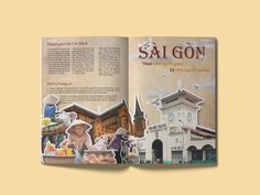 an open book with pictures of buildings and people in it on a yellow background that says saj gon