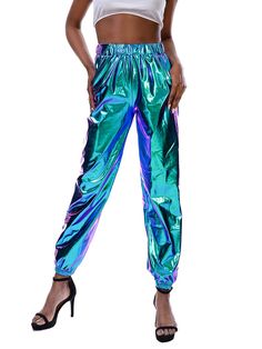 PRICES MAY VARY. Drawstring closure Look Hip Hop, Hip Hop Trousers, Dance Costumes Hip Hop, Holographic Design, Hip Hop Party, Graduation Outfits, Metallic Pants, Shiny Pants, Party Pants